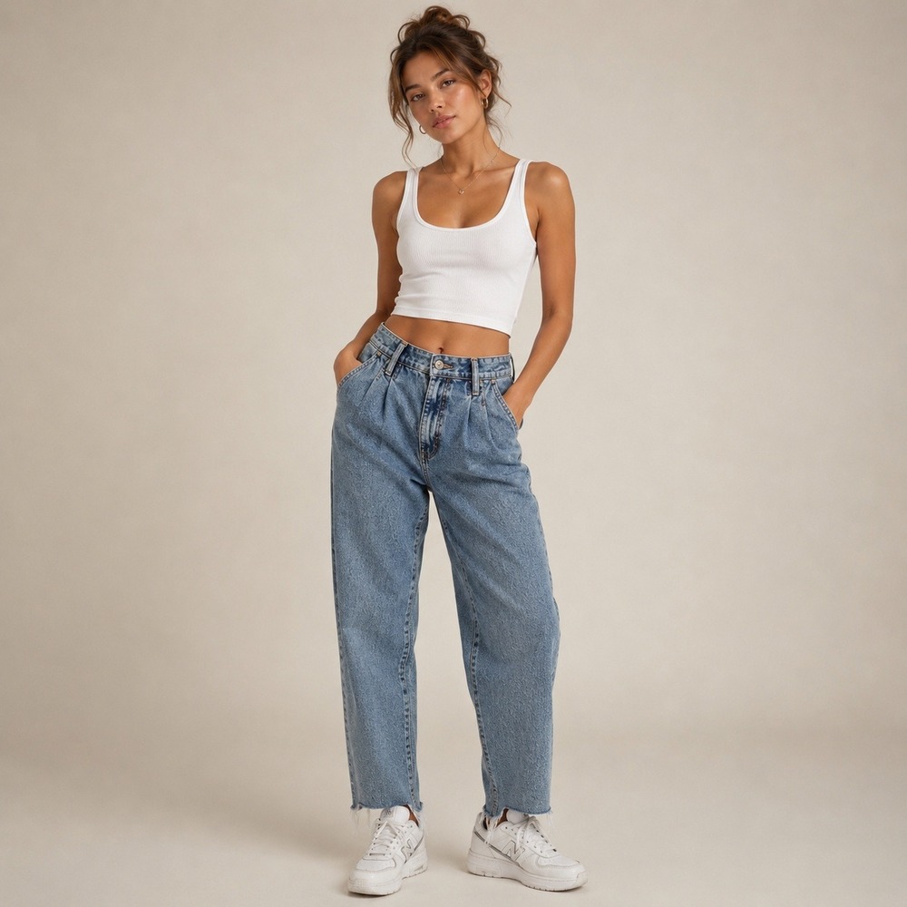 Garage High Waisted Pleated 90s Style Tapered Waist Jeans Blue Raw Hem Size 7